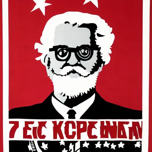 Image similar to Colonel Sanders holding a revolutionary flag, Soviet propaganda style, red back and white, epic detail, poster,