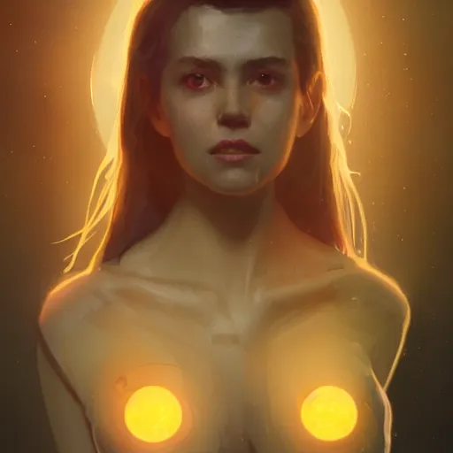 Prompt: Girl who holds with both hands Citrine natural gemstone, optical caustic lighting, 8k, rendred in redshift, by Greg rutkowski, trading on artstation