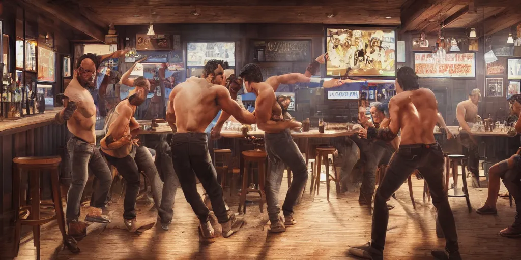 Prompt: a photo of a bar fight inside a pub between people of diverse ethnicities, Leica, symmetrical faces, muscles, detailed faces, accurate faces, 4k, 3D render, hyperrealism, editorial, photorealistic, crisp details, sharp focus, wide angle lens, octane render, cinematic lighting