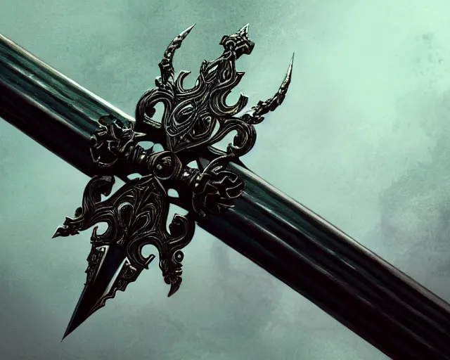 Image similar to legendary sword, digital award winning hd matte painting, intimate dark moody, intricate, long sharp black and iridescent blade, ornate spikes, colorful hilt, detailed realistic, raytraced blade, colored gems, golden pommel, in the style of greg rutkowski and krenz cushart, trending on artstation and deviantart