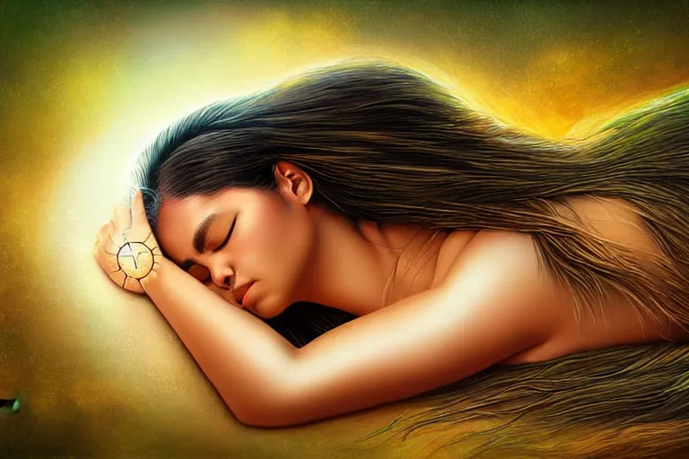 Prompt: polynesian sleeping goddess, anatomy, professional photo lemurian night, realistic texture, detailed soft digital fantasy art