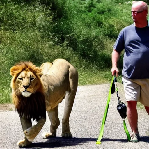 Prompt: a human taking his pet lion for a walk