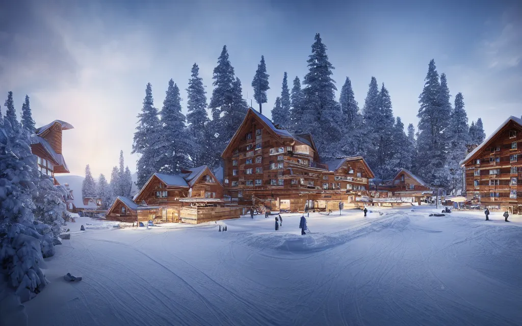 Prompt: finnish ski resort architectural visualization, hotel, winter scene, cozy, corona render, rendered in vray, evening light, lakeside, dof, mountainous landscape, pine forest, evermotion, ronen bekerman, contest winner, archviz, peter guthrie, ultradetailed, photorealistic, photoreal, photography, mir. no,