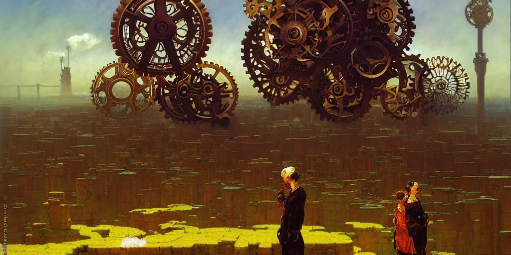 Prompt: giant gears cogs floating in the sky, clockwork, giant mechanisms, industry, villages castles, buildings vista artstation illustration sharp focus sunlit vista painted by ruan jia raymond swanland lawrence alma tadema zdzislaw beksinski norman rockwell tom lovell alex malveda greg staples