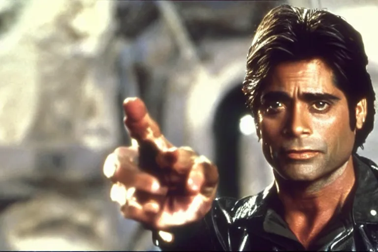 Image similar to uncle jesse from full house looks like a terminator, metal on his face, one red eye, movie still, from the movie terminator 2 judgement day, 8 k, cinematic lighting