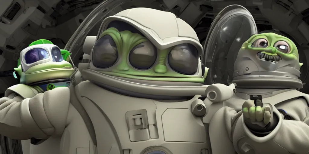 Image similar to a 3 d rendered movie still, wide - angle 1 0 0 m in the distance, baby yoda wearing a spacesuit, and exploring cosmos in a super awesome space ship. science fiction blockbuster movie, dramatic lighting, imax 7 0 mm. buzz lightyear