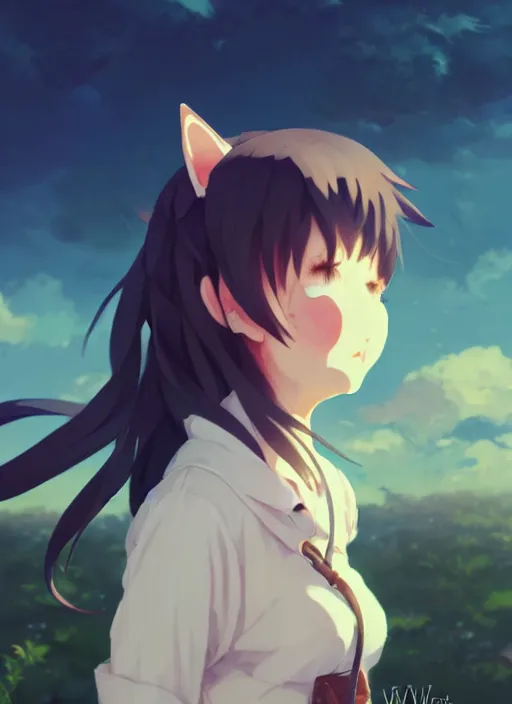 Image similar to portrait of cute catgirl, cloudy sky background lush landscape illustration concept art anime key visual trending pixiv fanbox by wlop and greg rutkowski and makoto shinkai and studio ghibli