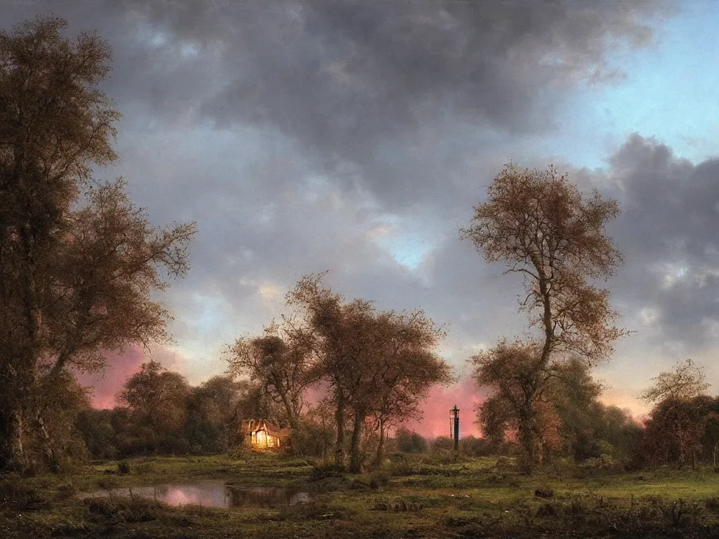 Prompt: a witchhouse in a woodland, evening mood, pink clouds in the evening sky, by clive madgwick
