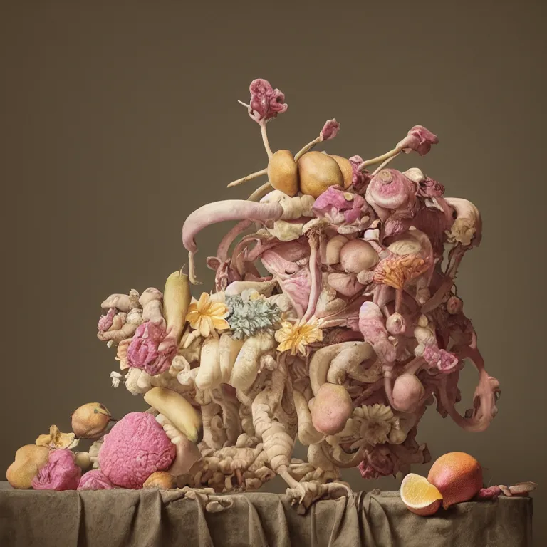 Image similar to still life of rotten flesh, beautiful pastel flowers, human spine, tropical fruit baroque painting, beautiful detailed intricate insanely detailed octane render, 8K artistic photography, photorealistic