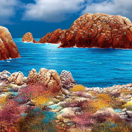 Image similar to rocky desert islands surrounded by steep glittering crystalline cliffs, high quality digital art