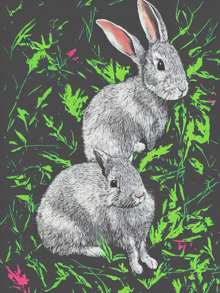 Prompt: screen print of a rabbit in nature, with laptop