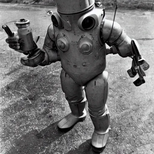 Image similar to war photography usa fission powered power armor 1 9 5 0 s