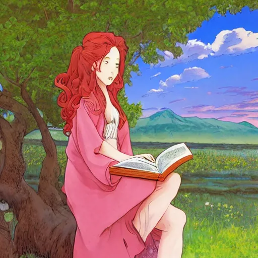 Image similar to beautiful ittle girl with long curly red hair dressed in a pink kimono and sitting next to a tree while reading a book, artwork made in western comic art style inspired in balthus and made in abyss, anatomically correct, higher details