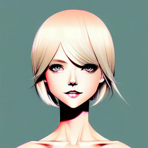 Image similar to urban girl fanart, blond bob haircut, muted colors, matte print, pastel colors, ornate, digital art, cute smile, digital painting, fan art, elegant, pixiv, by ilya kuvshinov