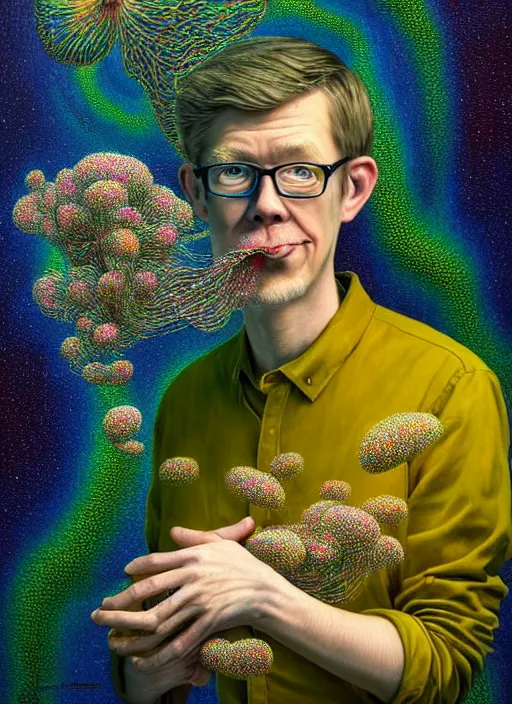 Image similar to hyper detailed 3d render like a Oil painting - friendly portrait of author Hank Green in Aurora (Singer) seen Eating of the Strangling network of yellowcake aerochrome and milky Fruit and Her delicate Hands hold of gossamer polyp blossoms bring iridescent fungal flowers whose spores black the foolish stars by Jacek Yerka, Mariusz Lewandowski, Houdini algorithmic generative render, Abstract brush strokes, Masterpiece, Edward Hopper and James Gilleard, Zdzislaw Beksinski, Wolfgang Lettl, hints of Yayoi Kasuma, octane render, 8k