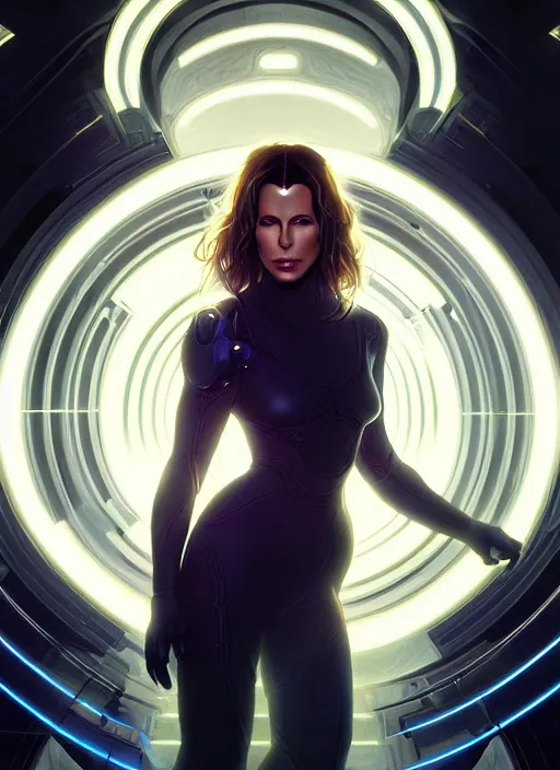 Image similar to symmetry!! portrait of kate beckinsale, sci - fi, anxiety, tech wear, glowing lights!! intricate, elegant, highly detailed, digital painting, artstation, concept art, smooth, sharp focus, illustration, art by artgerm and greg rutkowski and alphonse mucha