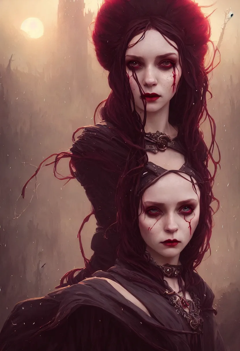 Image similar to beautiful very extreme closeup portrait, one vampire girl, medieval dress. witch, makeup. unreal engine, greg rutkowski, loish, rhads, beeple, tom bagshaw, alphonse mucha, global illumination, detailed and intricate environment