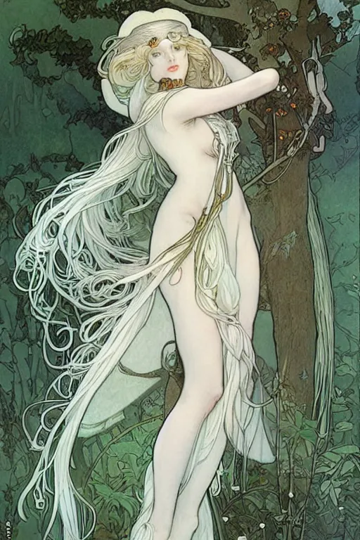 Image similar to Character design of a pure white witch from the Garden of Eden by mucha and range murata