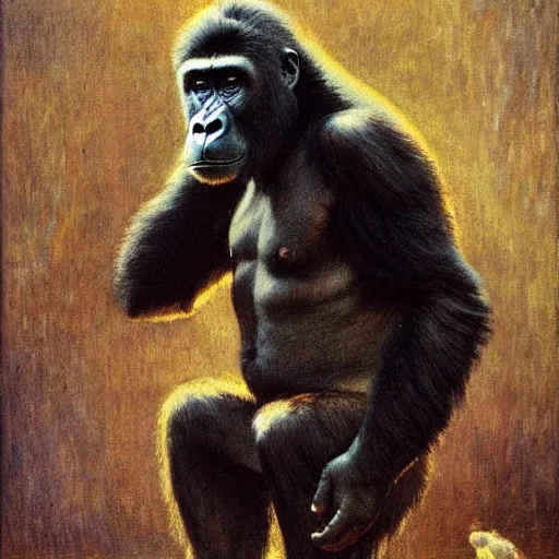 Image similar to highley detailed potrait of a gorilla, painting by gaston bussiere, craig mullins, j. c. leyendecker, lights, art by ernst haeckel, john william godward, hammershøi,