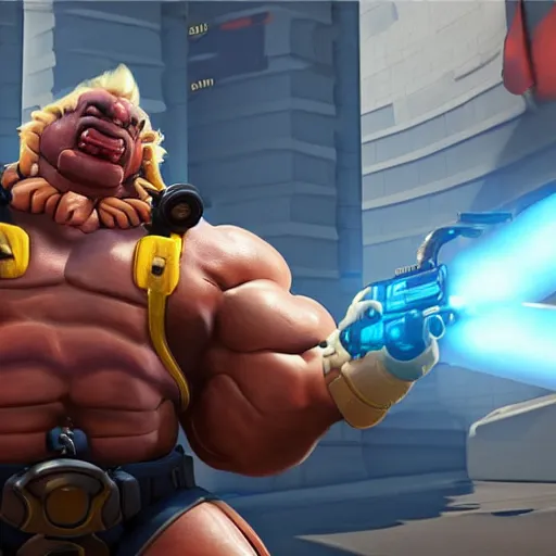 Image similar to a screenshot of arnold schwarzenegger in overwatch as roadhog