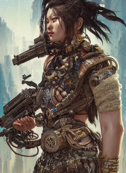 Prompt: hyper realistic photography portrait of postapocalyptic cyberpunk asian cyborg tribal warrior amazon cinematic, brom, mucha, moebius juan gimenez coachella cgsociety