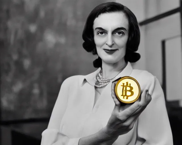 Prompt: ayn rand holding a golden bitcoin, commercial photo by david hamilton for vogue