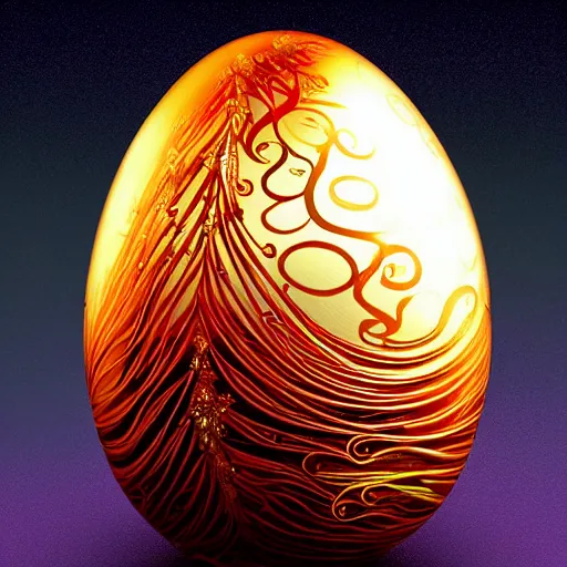 Image similar to a translucent glowing egg with swirls of red and blue emerging from the blossom of a metallic gold flower with tendrils of gold wrapping around the egg, magic eggplant, fantasy concept art