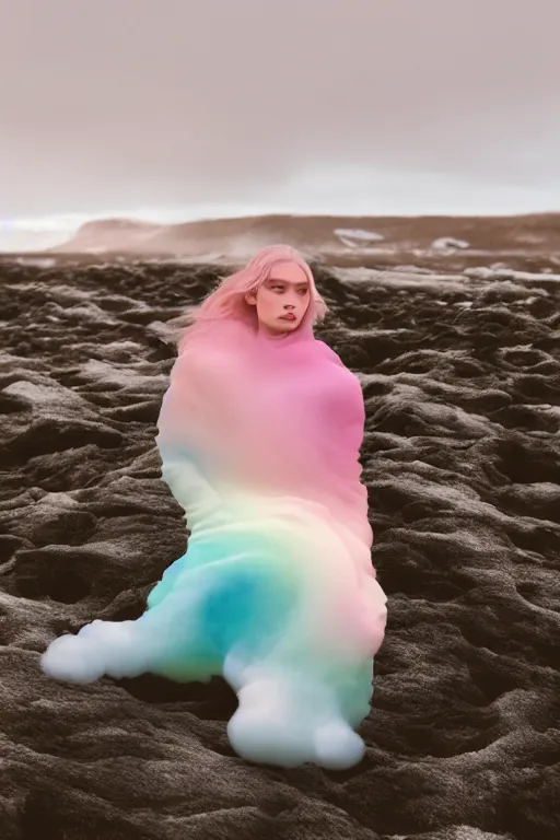 Image similar to high quality pastel coloured film close up wide angle photograph of a model wearing clothing resting on cloud furniture in a icelandic black rock!! environment in a partially haze filled dreamstate world. three point light, rainbow. photographic production. art directed. pastel colours. volumetric clouds. pastel gradient overlay. waves glitch artefacts. extreme facial clarity. 8 k. filmic.