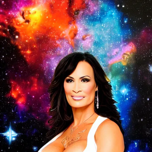 Image similar to a portrait of lisa ann in the space with nebulae, realistic painting, high definition, digital art, matte painting, very detailed, realistic