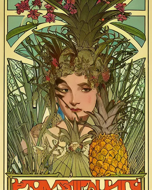 Prompt: Poster of an ancient skull with pineapple leaves growing out of the top art surrounded by varities of butterflys, cell shading, by Alphonse Mucha, Moebius, hiroshi yoshida, Art Nouveau, colorful, ultradetailed, vivid colour, 3d