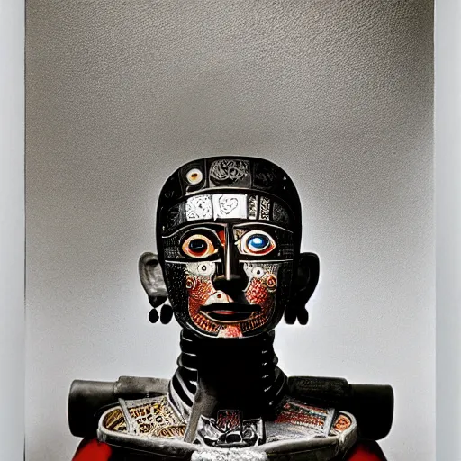 Image similar to A Mayan cyborg, portrait, by Nam June Paik, Man Ray, Annie Liebovitz