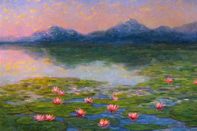 Image similar to impressionism painting of a pond of water lily on a foggy morning, sun low on horizon through snow capped mountains, soft light, misty