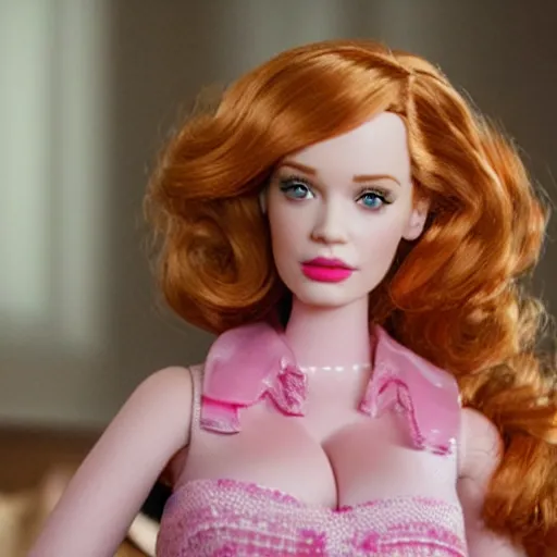 Image similar to amazing beautiful Christina Hendricks barbie doll in the living room, film still from the movie directed by Denis Villeneuve , wide lens