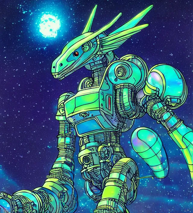 Image similar to a mecha dragon in a iridescent spacesuit, galactic background, vintage sci - fi soft grainy, inspired moebius, inspired by tim white, in the style of studio ghibli