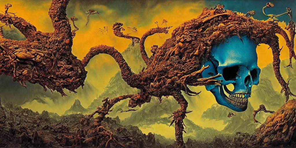 Image similar to ultrawide angle colour masterpiece surreal closeup portrait photography of mountain creature skull hybrid by annie leibovitz and michael cheval, incredible sense of depth and perspective and clarity, weird surreal epic psychedelic complex biomorphic 3 d fractal landscape in background by kilian eng and roger dean and giger and salvador dali and beksinski, 8 k