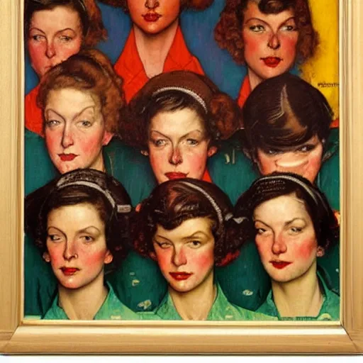 Image similar to Frontal portrait of a gang of semi-sentient women. Painting by Norman Rockwell.