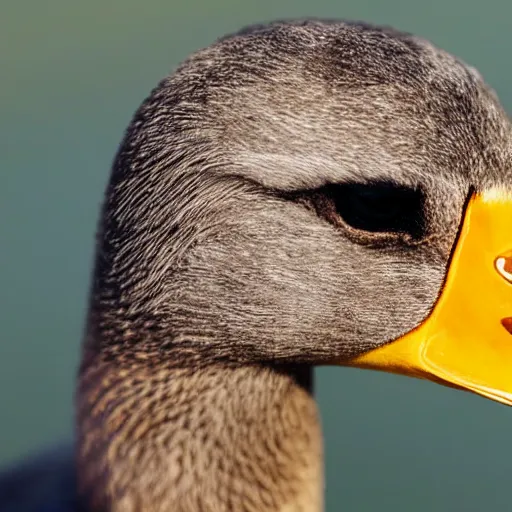 Image similar to A high detail closeup shot of a duck wearing a suit