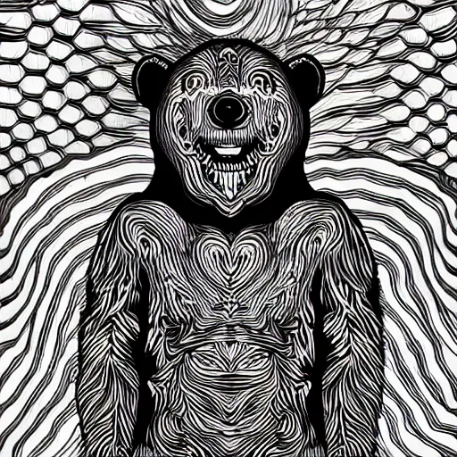 Image similar to black and white illustration creative design, scary bear, body horror