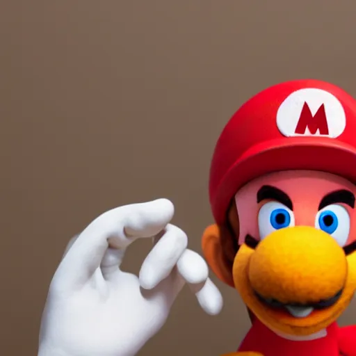 Image similar to mario as a puppet, still from sesame street, 4 k extremely detailed photography