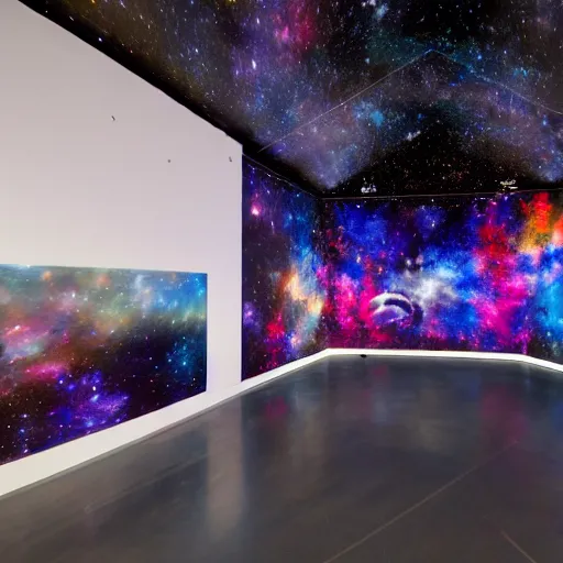 Prompt: Liminal space in outer space, interactive art museum