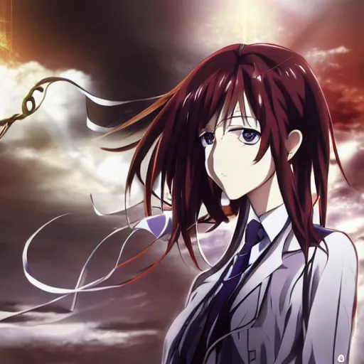 Image similar to Anime key visual of Kurisu from Steins;Gate, abstract clockwork background ,official media