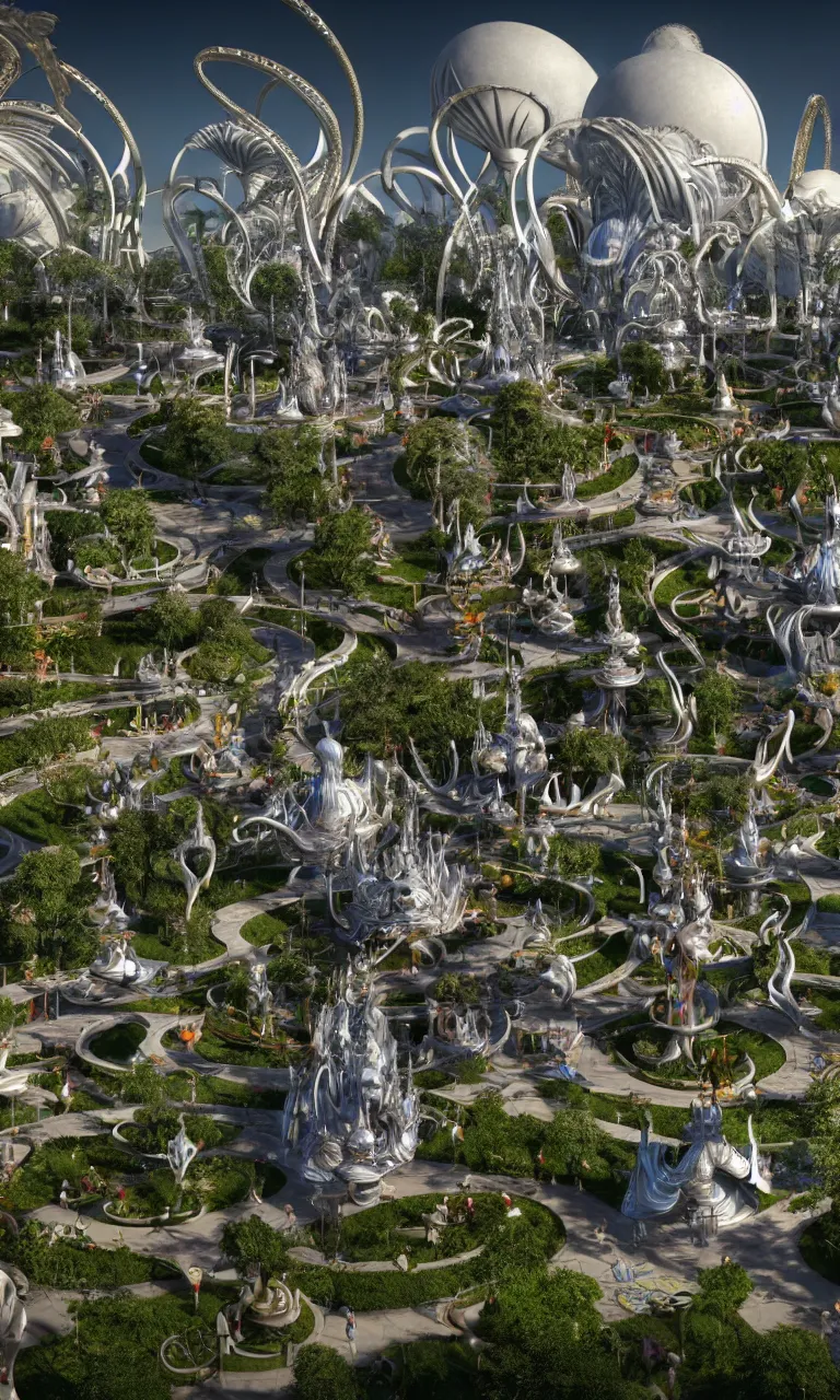 Prompt: a busy elaborate ornate outdoor park, cinematic, shadows, partly cloudy day, 4 k, detailed, by zaha hadid and peter jackson and ridley scott and beeple and greg rutowski