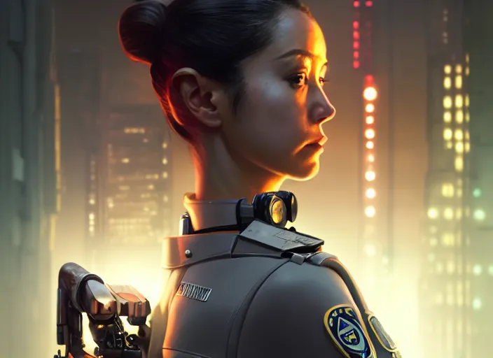 Image similar to a film still portrait of a bionic female cop, finely detailed features, minions, cinematic lighting, perfect art, night cyberpunk city, intricate, anime, minion, gapmoe grimdark, artstation, trending on pixiv fanbox, painted by greg rutkowski makoto shinkai takashi takeuchi studio ghibli, akihiko yoshida, 4 k