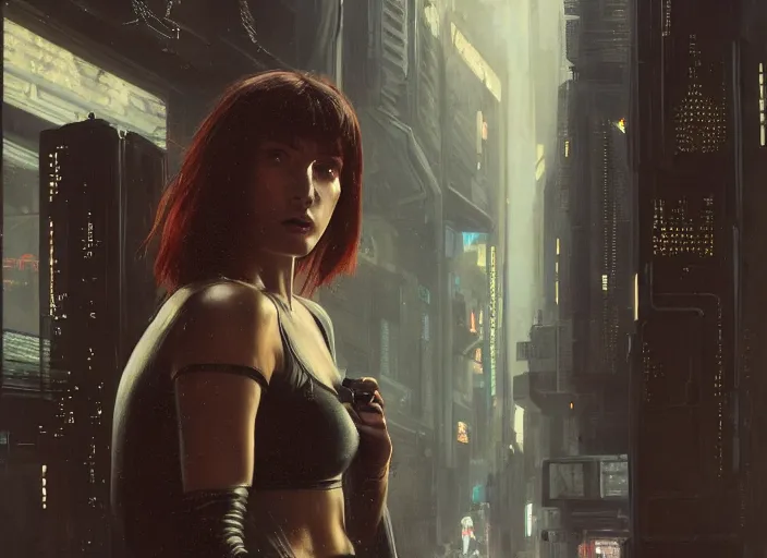 Image similar to Cyberpunk female hacker wearing stealth suit hiding from police patrol (blade runner 2049, cyberpunk 2077). Orientalist portrait by john william waterhouse and James Gurney and Theodore Ralli and Nasreddine Dinet, oil on canvas. Cinematic, hyper realism, realistic proportions, dramatic lighting, high detail 4k