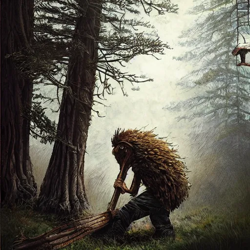 Image similar to a candid portrait of a giant cutting trees in the woods, atmospheric, highly detailed, fantasy painting, fairytale, fantasy, illustration by scott gustafson!!!