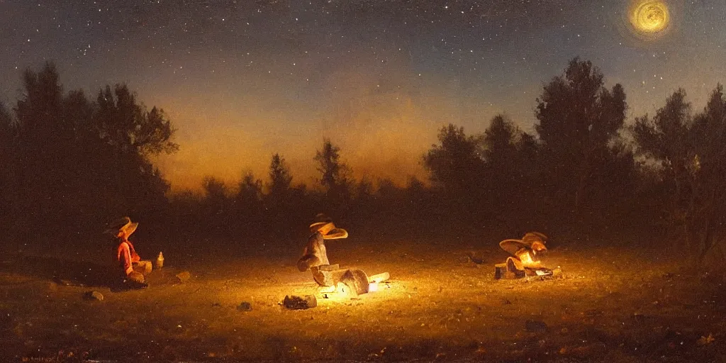 Prompt: in the old west, at a campfire at night, a young boy ( ( alone ) ) watches the stars and his horse grazes, in the style of fredrick remington, oil painting, warm color palate, astral