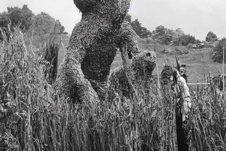 Prompt: at the festival of the Wicker Man in a small Scottish village, a giant towering Godzilla made of reeds burns, villagers watch, photojournalism, 1967, photorealism, very realistic, in the style of Midsommar, 50mm lens, Kodak 5219 film