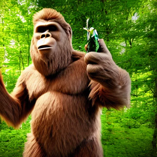 Image similar to bigfoot holding a pickle in his hand, color photograph, nature photograph, national geographic, 4 k.