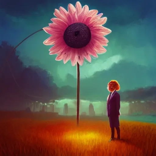 Prompt: giant daisy flower uber head, frontal, a girl in a suit, surreal photography, sunrise, dramatic light, impressionist painting, digital painting, artstation, simon stalenhag