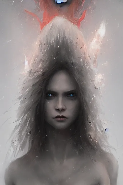 Image similar to a beautiful portrait of a young Demon women covered in white flames by Greg Rutkowski, Sung Choi, Mitchell Mohrhauser, Maciej Kuciara, Johnson Ting, Maxim Verehin, Peter Konig, Bloodborne , 8k photorealistic, cinematic lighting, HD, high details, atmospheric , trending on artstation